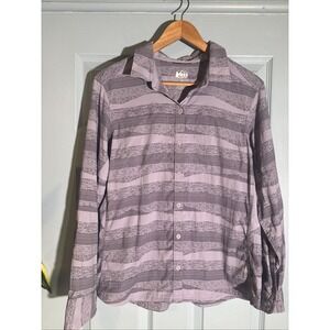REI COOP Long Sleeve Button Up Shirt Large Purple Stripe Outdoor poly blend .
